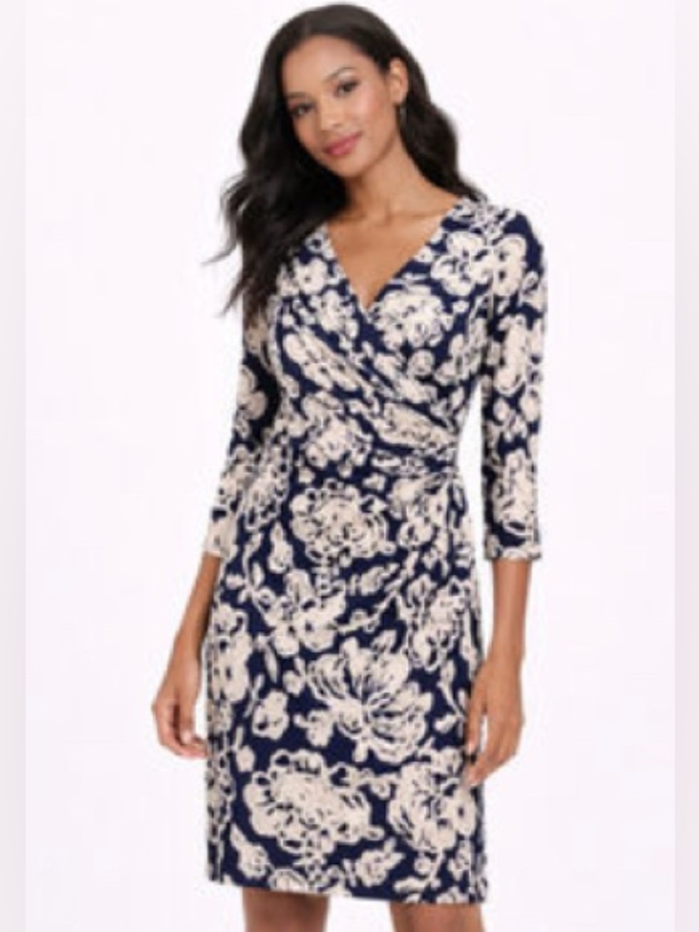 Lauren Ralph Lauren 4P Navy & White Floral Wrap-Style Dress Petite
